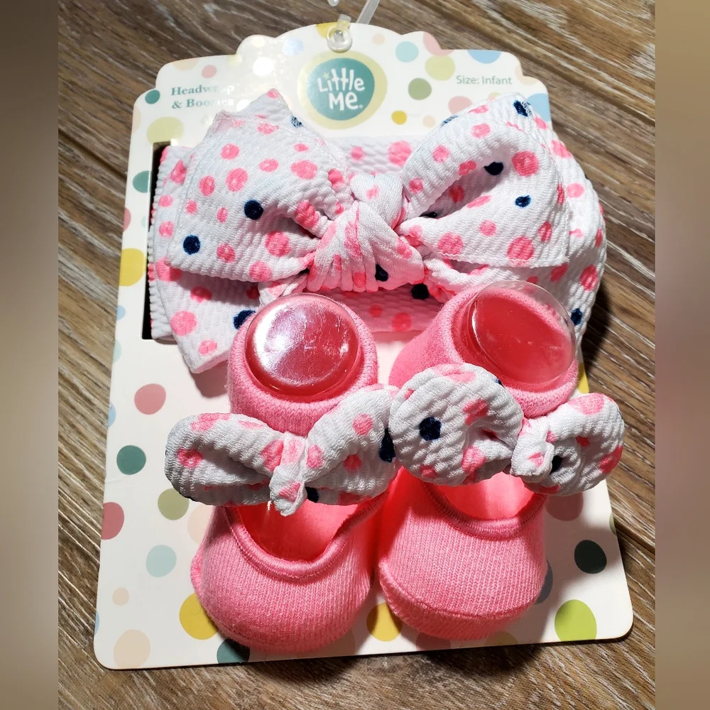 Little Me Pink Polka Dot Infant Bootie and Headband Set